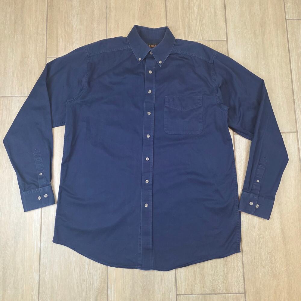 Ariat Shirt Mens Large Tall LT Navy Blue 100% Cotton Button Down Western